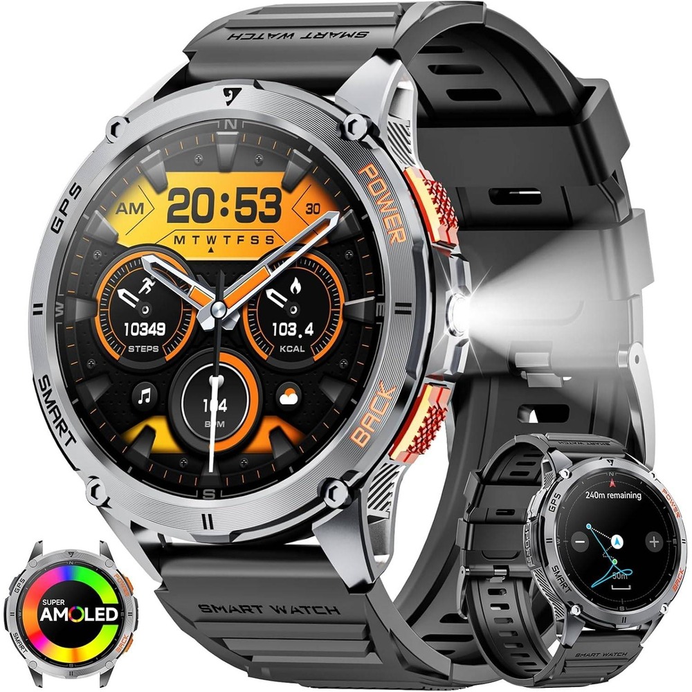 Rugged Smart Watch with GPS 1.43 AMOLED 530mAh Battery Bluetooth Call Flashlight